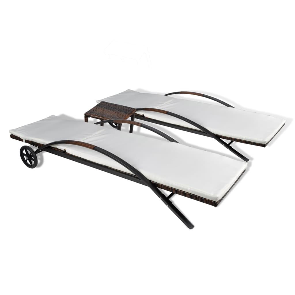 Sun Lounger Set with Table Poly Rattan Brown
