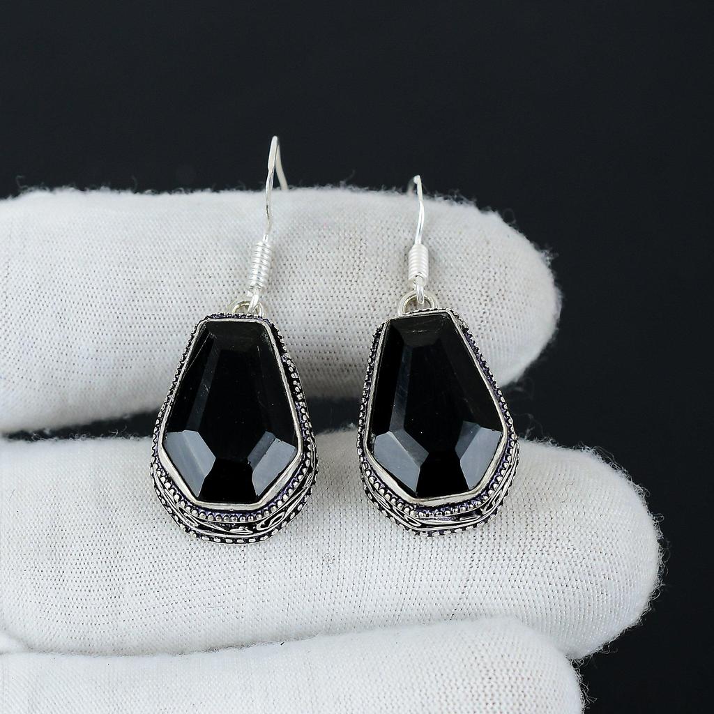 Unique Black Spinel Coffin Gemstone Earrings, 925 Sterling Silver Earring, Handmade Boho Silver Jewelry Dangle Earrings, Thanksgiving Gifts