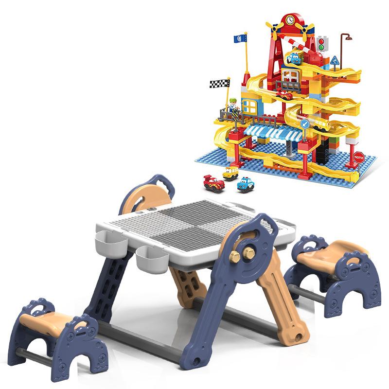 Детский набор стульев, обучающий треугольный стол, строительные блоки из крупных частиц и труб, стол для строительства, который можно зафиксировать и сложить