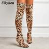 Модные Eilyken Новые ботфорты с острым носком, сексуальные с леопардовым принтом, на тонком каблуке, из эластичной ткани, ботфорты до колена, женские ботинки