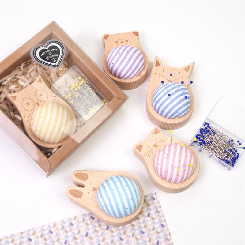 Wood Pin Cushion with 100Pcs Sewing Pin for Dressmaking Needlework Sewing 38mm Quilting Positioning Pin with Pin Holder