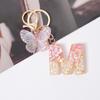 Pink Dream Butterfly 26 Letters A To Z Resin Keychain 26 Initials White Stone Gold Leaf Pendant Keyring Backpack Charm Bag Decor