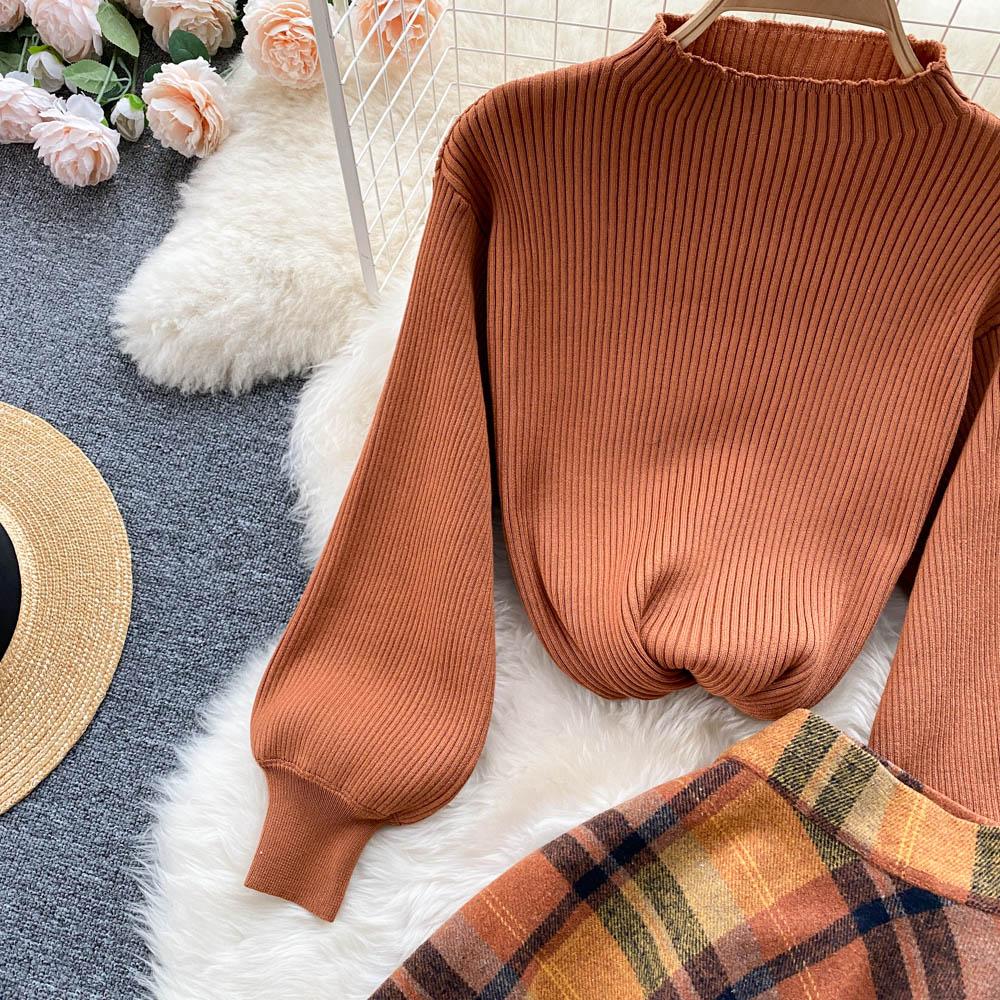 Женский осенне-зимний новый модный свитер с длинным рукавом, пуловер, топы, клетчатая шерстяная смесь, юбка, комплект из двух предметов