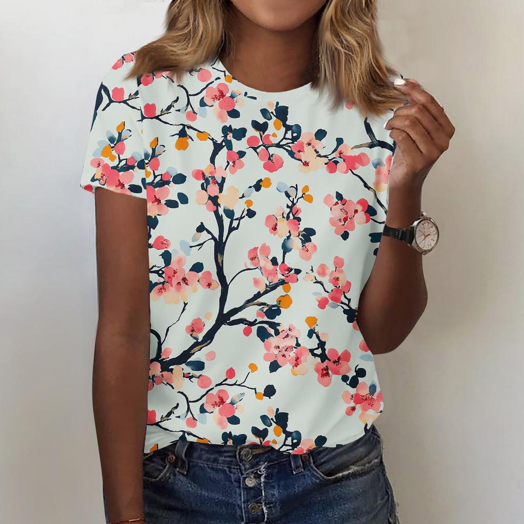 Women's Fashion Casual Printed Round Neck Short Sleeved T-Shirt Top T-Shirt Top Top
