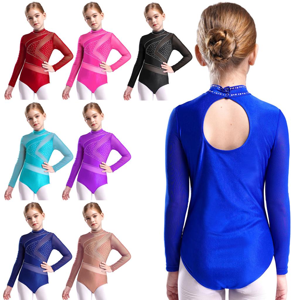 Костюм для художественной гимнастики и фигурного катания для девочек, сетчатый, с длинным рукавом, вырезом на спине, блестящий, со стразами, трико
