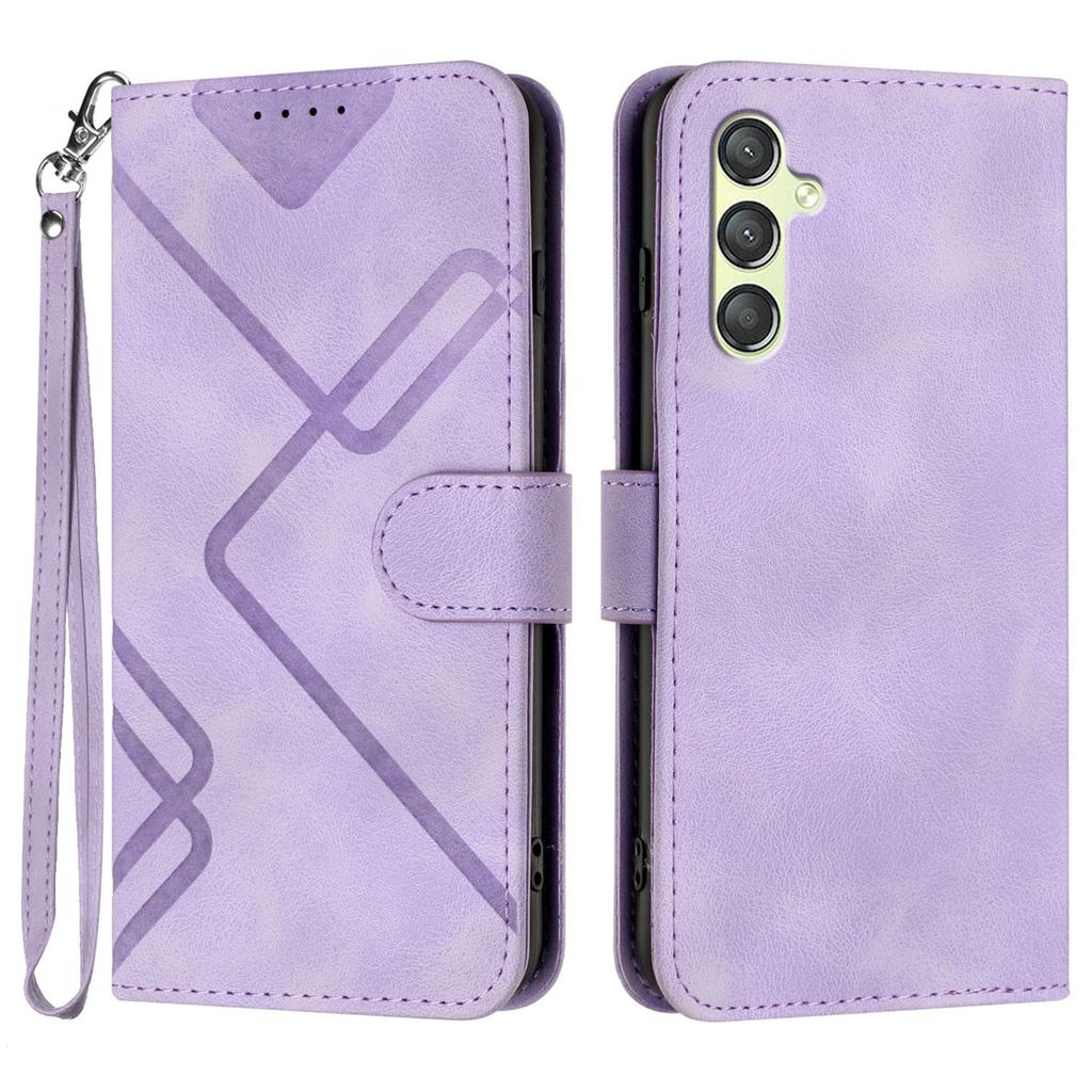 For Samsung Galaxy A24 4G (162.1 X 77.6 X 8.3mm) Wallet Case Line Imprinted PU Leather Phone Cover with Strap