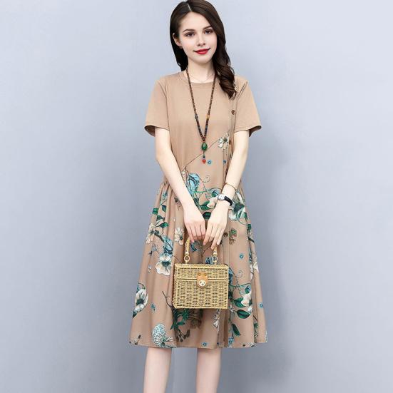 Женское летнее платье с цветочным принтом в стиле пэчворк с круглым вырезом и короткими рукавами трапециевидной формы в стиле ретро до середины икры, декор на пуговицах, женское повседневное платье миди для свиданий