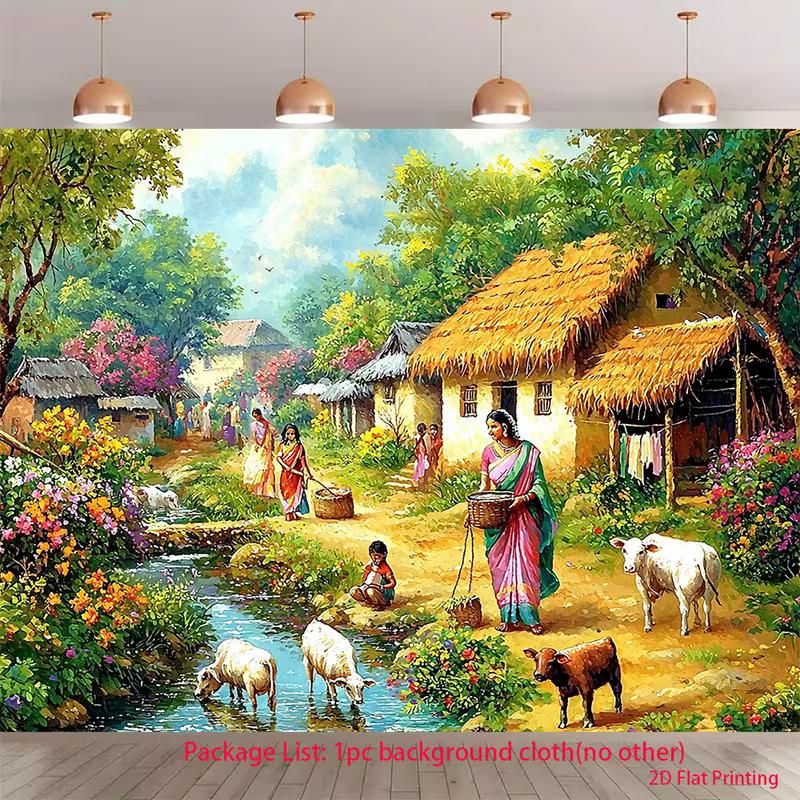 2D Indian Farm Life Backdrop, Traditional Village Scene Party Background