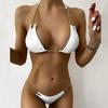 Women Metal Chain Lacing Halter Bra Swimsuit Bikini Triangle Underwear Set for Swimming