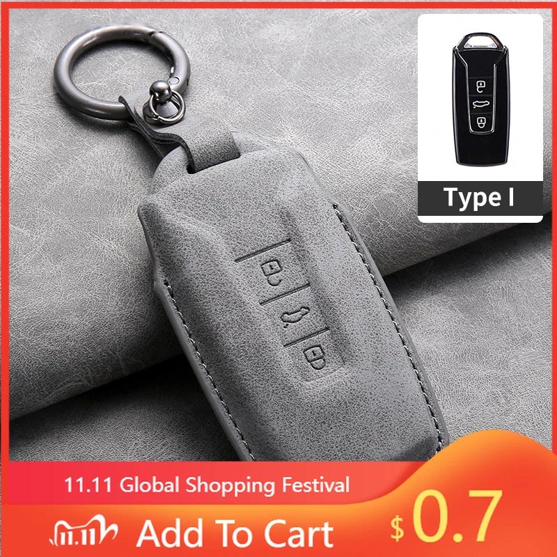 For VW Suede Leather Car Key Case Protector Shell Fob for for VW Volkswagen Touareg 2019 2020 2021 2022 2023 Auto Keychain Acc
