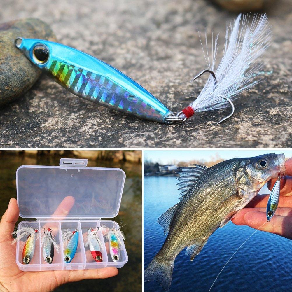 5Pcs Jigs Fishing Lures Sinking Metal Spoons Micro Jigging Bait with Free Plastic Tackle Box