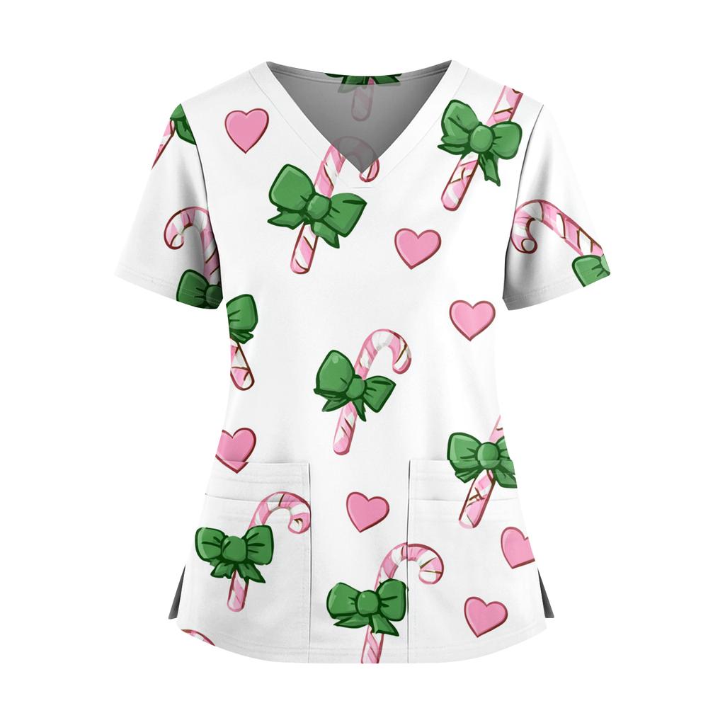 Women's Christmas Print V-Neck Double Pocket Short Sleeves Hem Slit Uniform And Caregiver Top