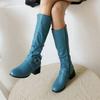 Женские новые горячие продажи сапоги выше колена с пряжкой и круглым носком высокие сапоги женские плиссированные на низком каблуке повседневные кожаные зимние женские сапоги
