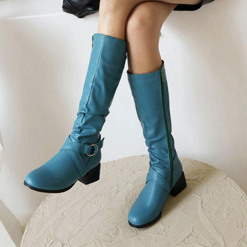Женские новые горячие продажи сапоги выше колена с пряжкой и круглым носком высокие сапоги женские плиссированные на низком каблуке повседневные кожаные зимние женские сапоги