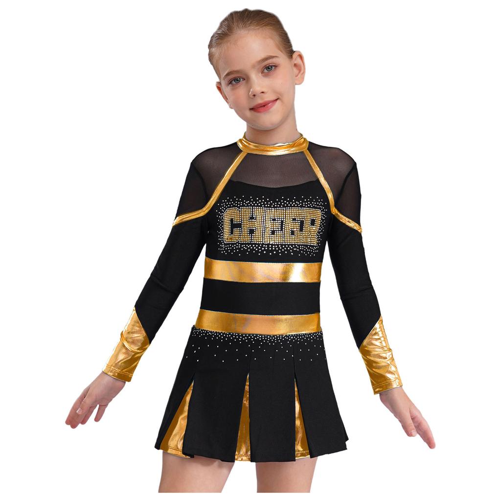 Girls Sparkly Rhinestones Letter Pattern Metallic Contrast Patchwork Long Sleeve Pleated Cheerleading Dress