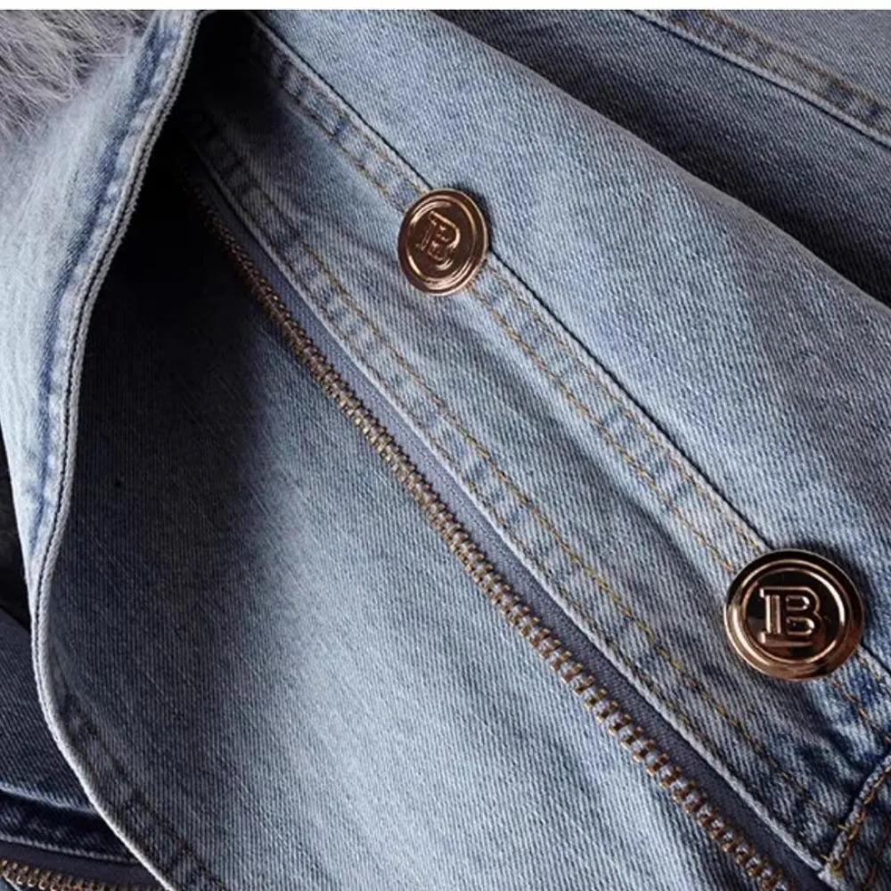 2024 Новое женское джинсовое пальто с воротником из искусственного меха лисы, зимняя куртка, женские короткие теплые парки, подкладка из кроличьей шерсти, верхняя одежда, модное пальто