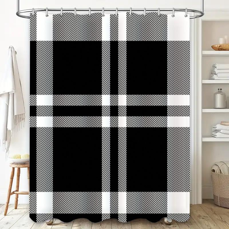 Classic Plaid Shower Curtain Set: Waterproof Fabric Bath Rug Decor in Black White 3D Printed Waterproof Home Linen Accessories (