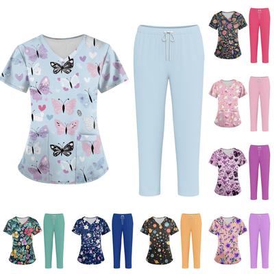 Плюс размерСкраб с принтом Рабочая форма Топы для женщин Крест V-образным вырезом Хэллоуин Принт с короткими рукавами Забавные футболки Спецодежда Футболка с карманами