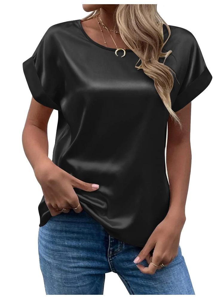 Spring and Summer New Women's Short Sleeve Satin Shirt Loose Casual Round Neck Colored Ding T-shirt Women