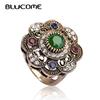 Vintage Round Green Flower Ring Antique Gold-color Crystal Resin Rings For Women Party Turkish Metal Jewelry Anel Anillo