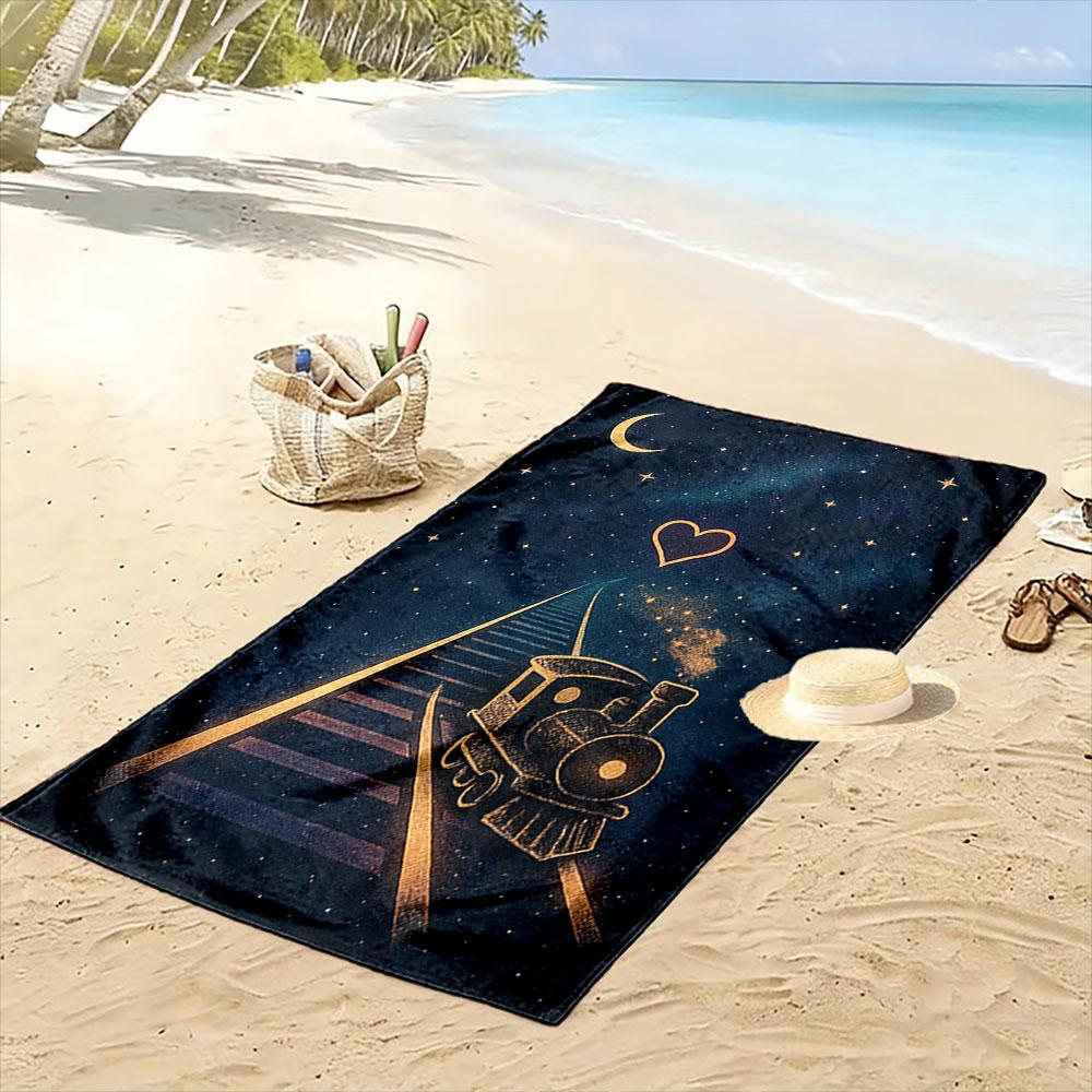 Moonlit dreamy train journey Print beach towel, quick drying, suitable for travel, outdoor sports, jogging, the beach and swimming, gift