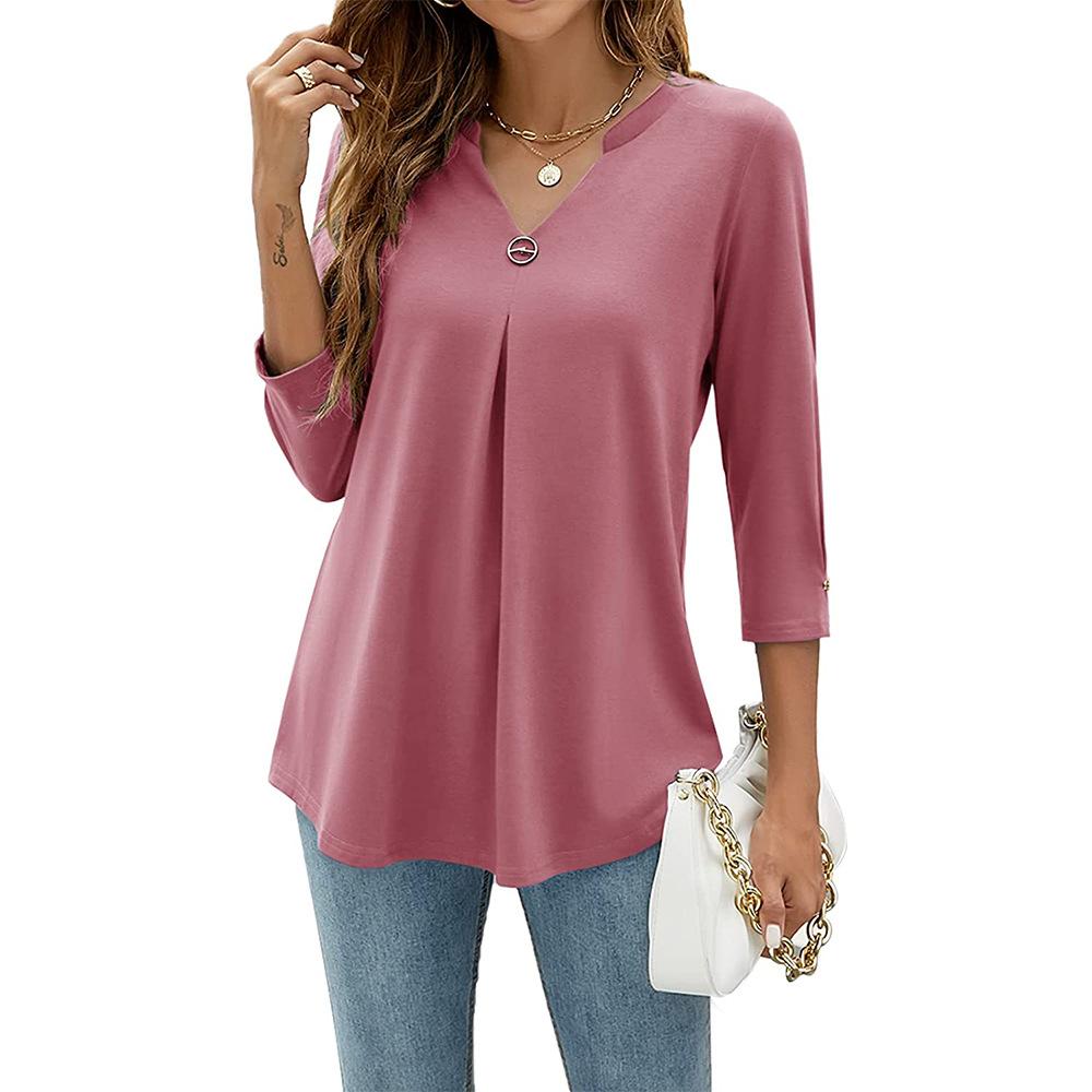Women's V-Neck Tunic Blouse 3/4 Sleeve Shirts Loose Fit Top with Ring Detail, Casual Dressy Shirt for Work or Daily Wear Blouses Casual Tops S-XXL