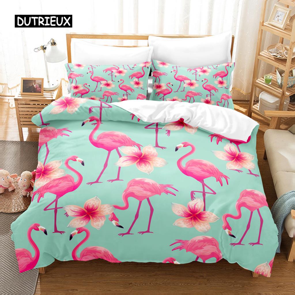 Комплект постельного белья с изображением фламинго, тропическое животное, комплект постельного белья с изображением листьев пальмы, полиэстер, тема природы, королевское одеяло, покрывало