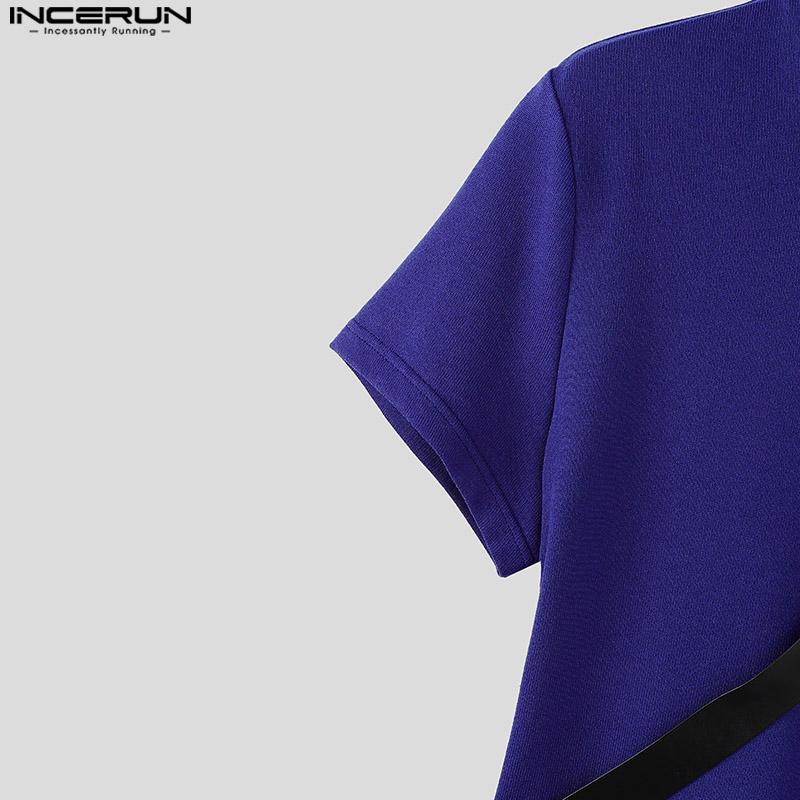 INCERUN Мужская водолазка с коротким рукавом и поясом из искусственной кожи в стиле пэчворк, повседневные облегающие футболки, топы