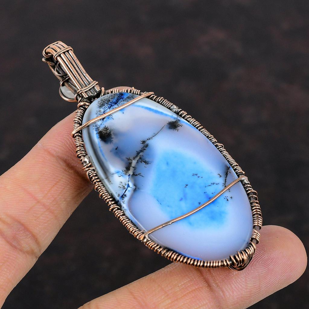 Подвеска из голубого дендрита и опала «Дерево жизни», обернутая медной проволокой, подвеска из драгоценного камня с радужным лунным камнем, медная бижутерия, подвеска ручной работы, подарок для мамы