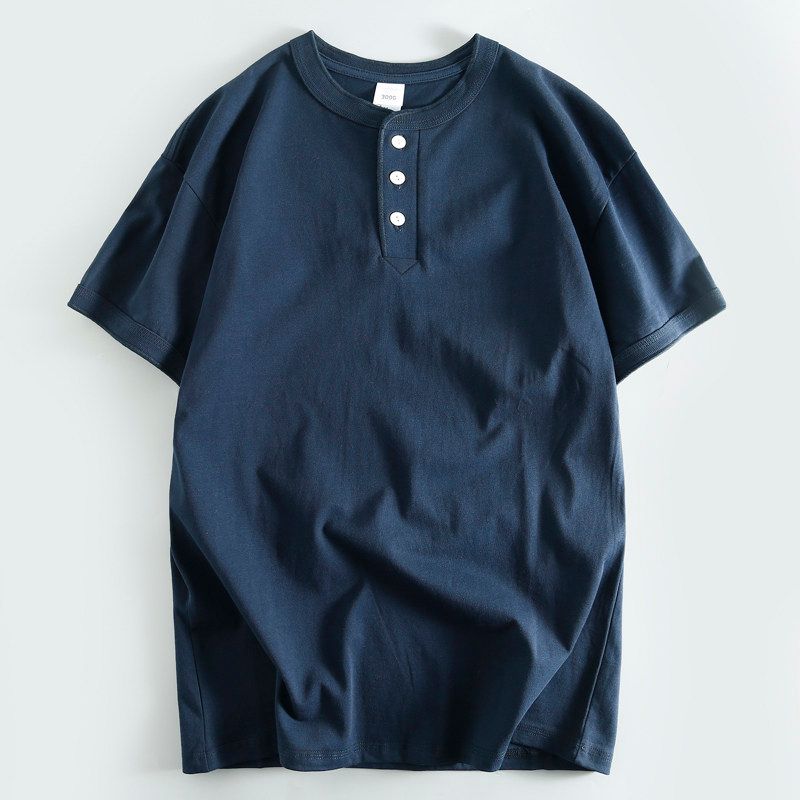 Export Short-Sleeved T-shirt Henry Collar Three-Button Summer Pure Cotton Men's Half Sleeve Wear Bottoming Shirt Tail Goods Cut Label T-shirt Fashion