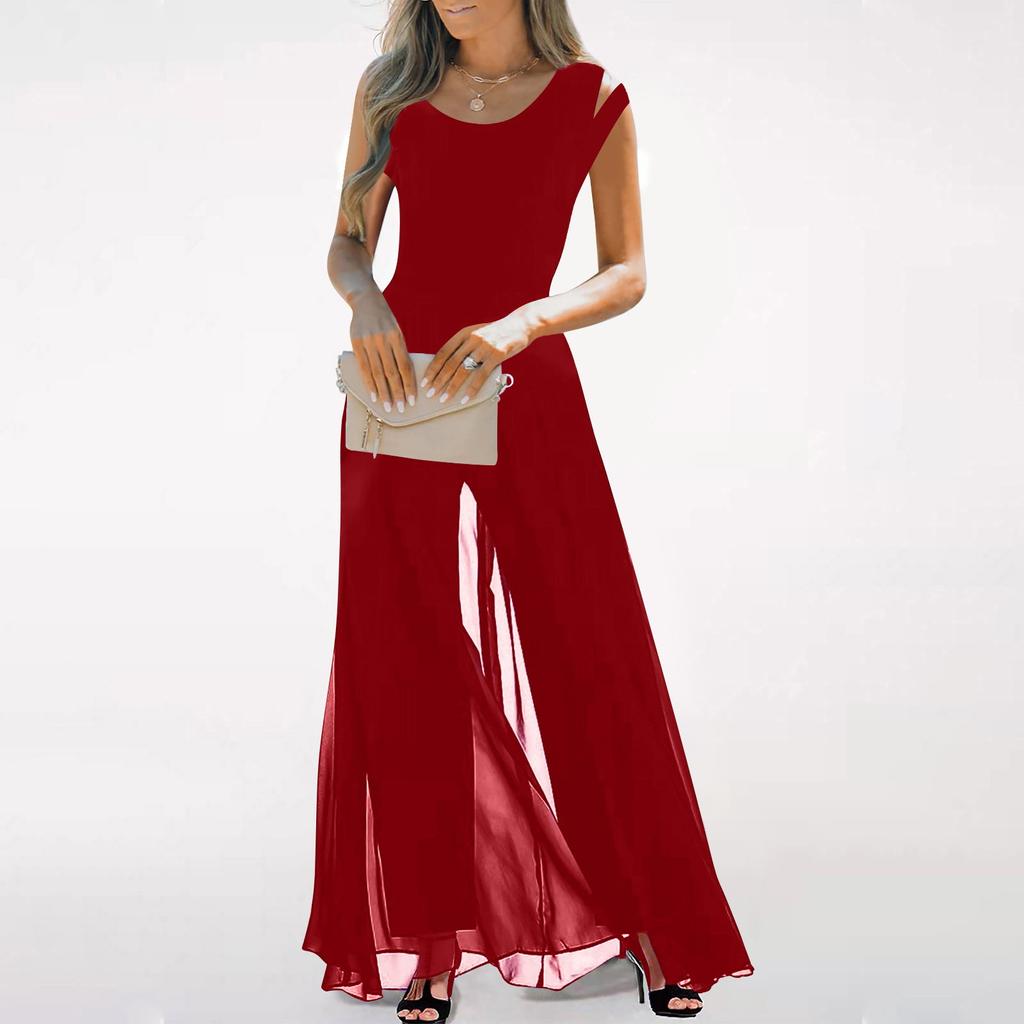 Женский повседневный шифоновый комбинезон без рукавов с высокой талией и круглым вырезом, свободный комбинезон, длинные брюки