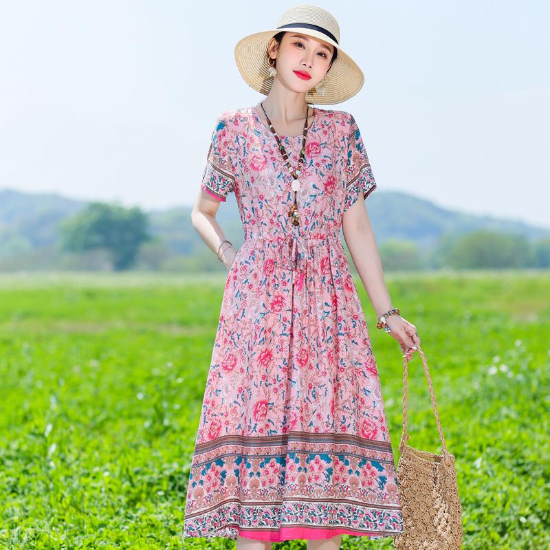 Женское длинное платье больших размеров, летнее платье с коротким рукавом и винтажным принтом для женщин