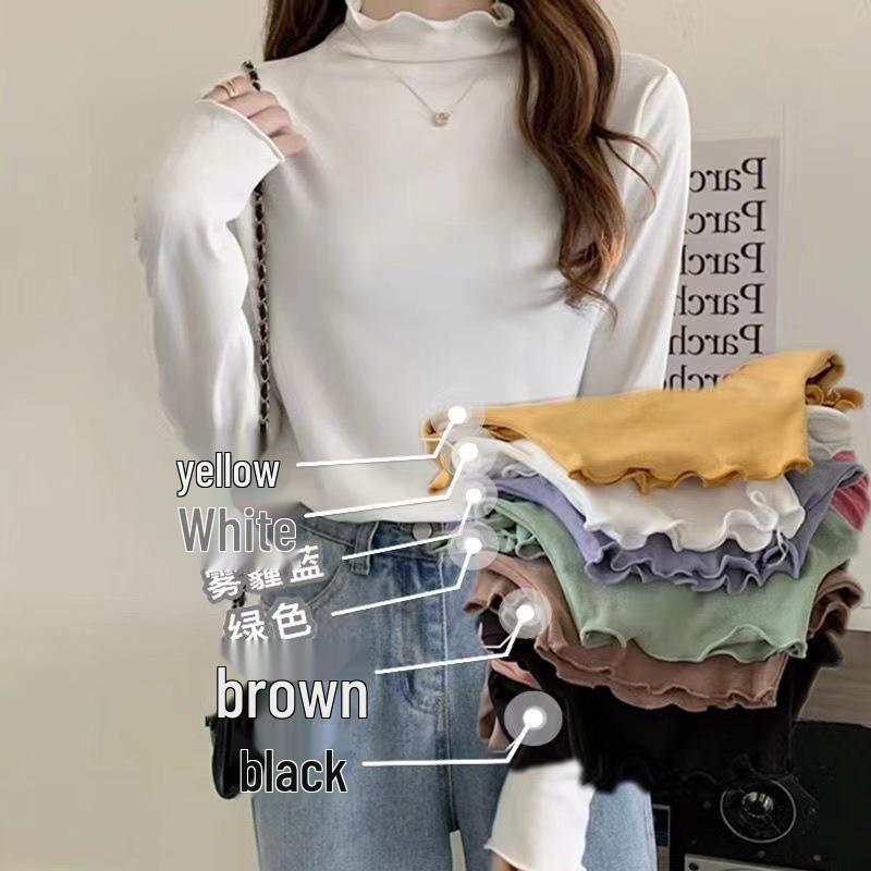 Women's Autumn/Winter Velvet Ruffle Neck Long Sleeve Base Layer Top