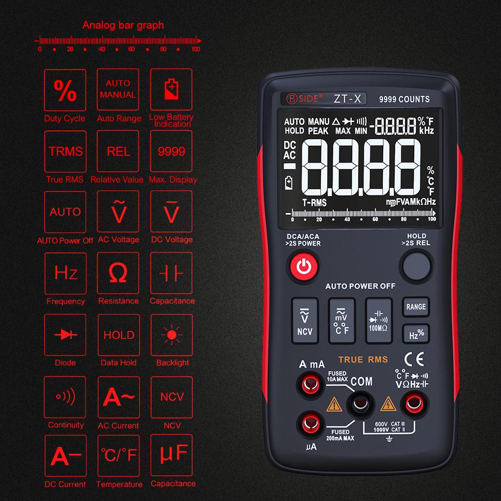 BSIDE Digital Multimeter True RMS Touch tone Handheld Multi Meter AC DC Voltmeter 9999 Counts with Analog Bar Graph and