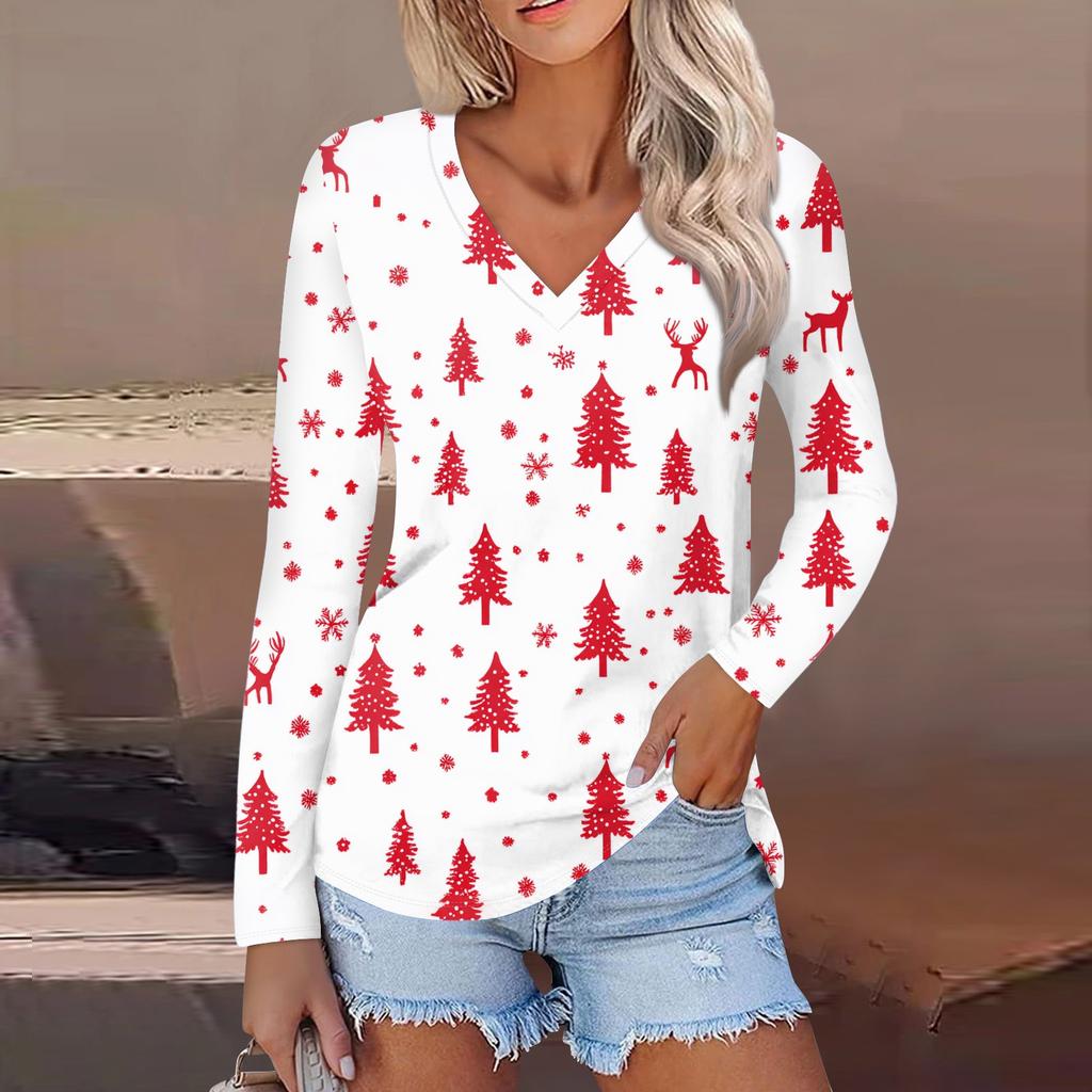 Women's Casual Fashion Sexy Comfortable Christmas Printed V-Neck Long Sleeve Top