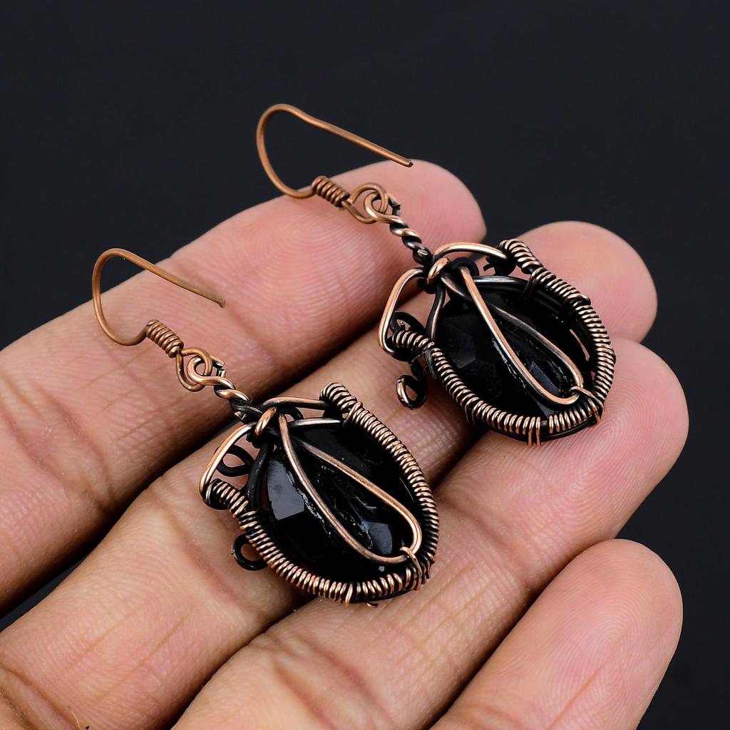 Black Onyx 999 Copper Wire Wrapped Earrings, Handmade Gemstone Jewelry Earrings For Memorial Day