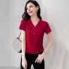 Women T-shirt V-Neck Buttons Decor Short Sleeve T-Shirt Slim Fit Soft Elastic Pullover Tops Commuting Style Tops