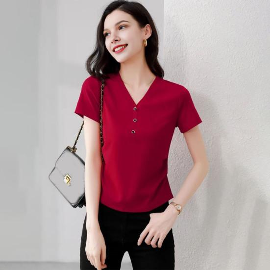 Yousheng женская футболка с V-образным вырезом и пуговицами, декорированная футболка с коротким рукавом, облегающая мягкая эластичная футболка-пуловер, топы для поездок на работу