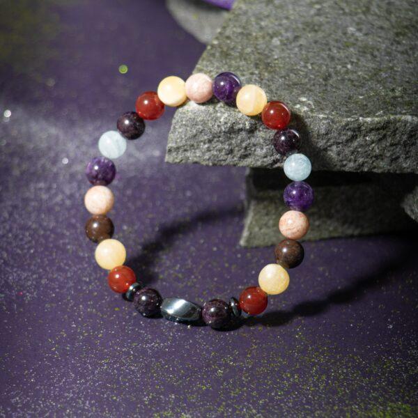 Браслет Овен Аквамарин, аметист, бордовый гранат, гранат, солнечный камень, кальцит, кровавый камень, красный агат, зеленый авантюрин