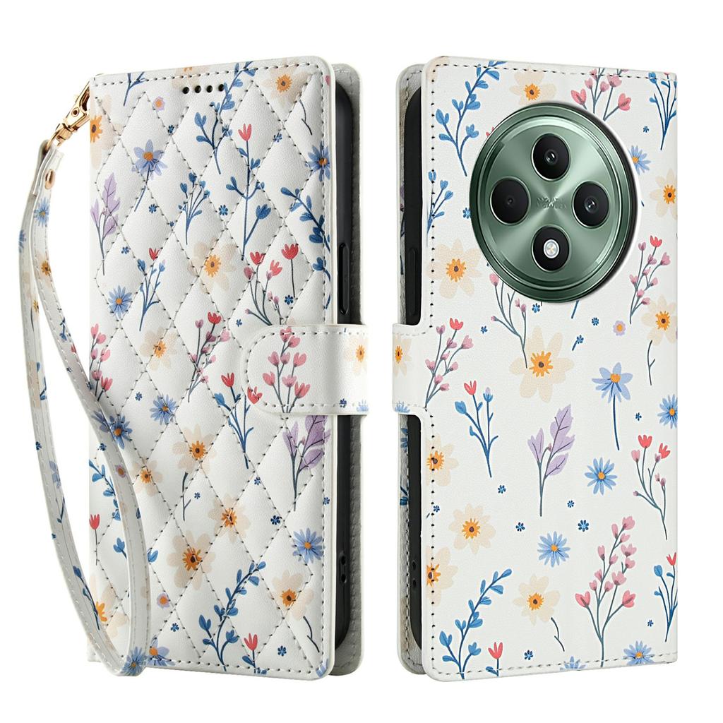 Wallet Case for Oppo Reno12 F 5G/4G/F27 5G Rhombic Floral Design Leather Flip Phone Cover with Strap