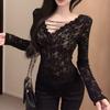 Women Clothing Sexy Hollow Lace Bandage Deep V Neck Basic T Shirt Korean Female Sweet Black Long Sleeve Skinny Club Cropped Tops
