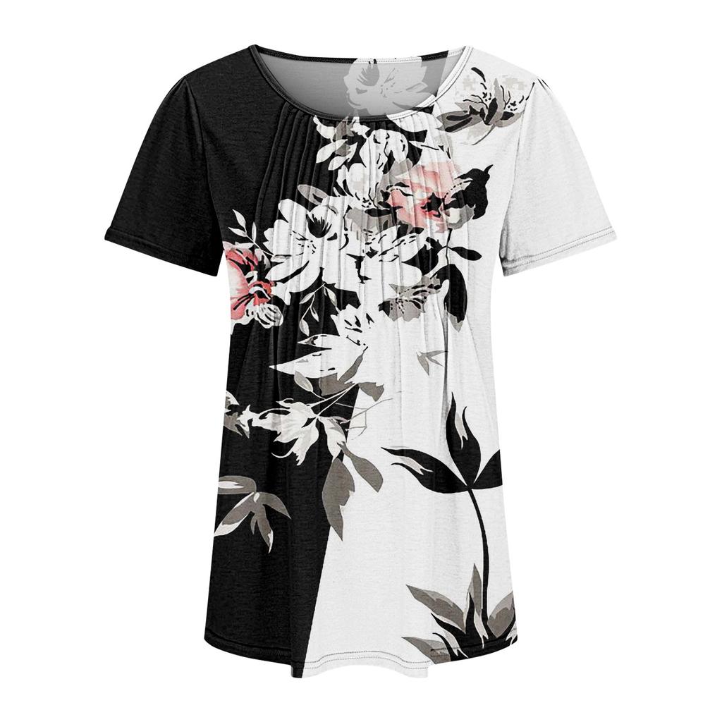 Women's Fashion Printed Casual Pleated Round Short Sleeve T-Shirt Top