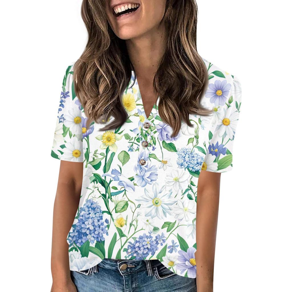 Женский модный повседневный свитер с коротким рукавом и принтом на пуговицах и V-образным вырезом