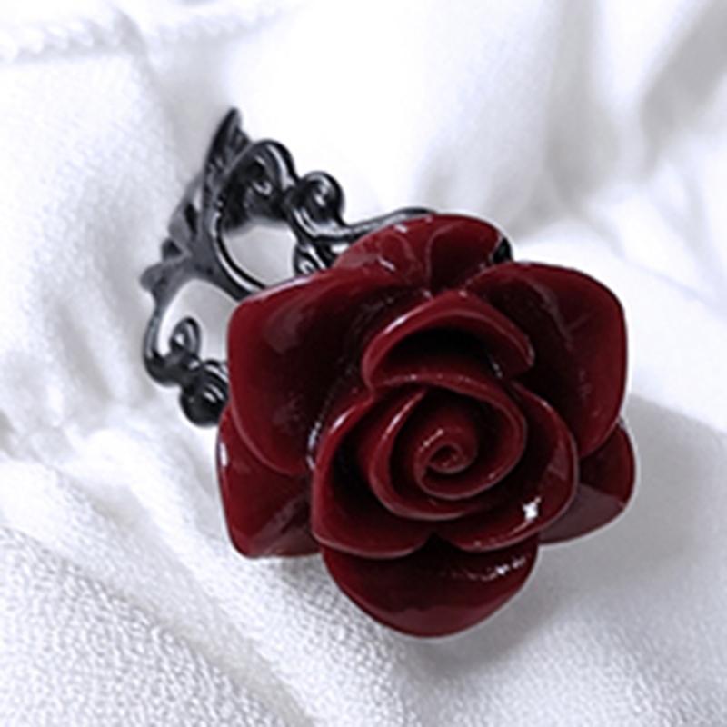 Elegant Red Rose Rings Punk Gothic Flower Adjustable Open Rings Halloween Party Cosplay Rings Jewelry Gifts for Women