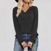 Женская мода однотонный длинный рукав V-образный вырез повседневный пуловер футболка топ