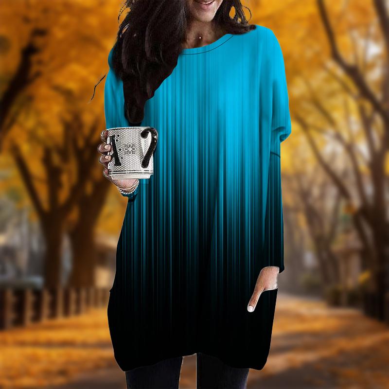 Новинка осени Цветной градиентный принт Плюс Размер Платье Женское O-образный вырез Длинные рукава Повседневные Карманные Платья