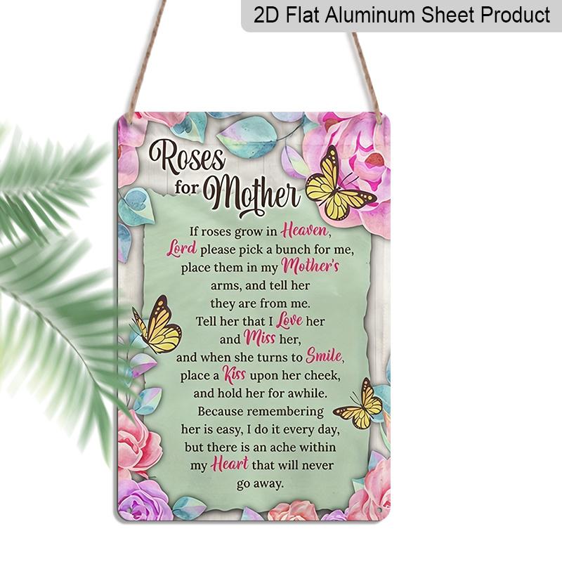 2D Flat, 1pc Memorial Roses Butterfly Metal Wall Art Sign "Roses for Mother" - 8*12 Inch Aluminium Rustic Home Decor, Sympathy Wall Art, Loving