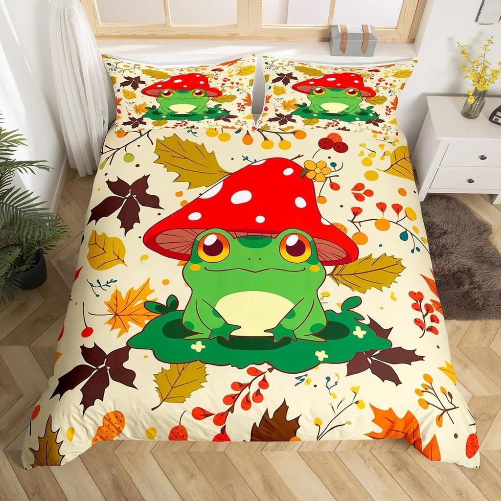 Кавайный пододеяльник с принтом лягушек, пододеяльник с лягушками и грибами, ботанический грибной комплект постельного белья размера твин/полуторный, квин для комнаты девочки-подростка