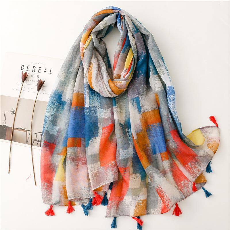 Spain Lovely Polka Floral Line Tassel Viscose Shawl Scarf Lady High Quality Wrap Thin Pashmina Stole Muslim Hijab 180*90Cm