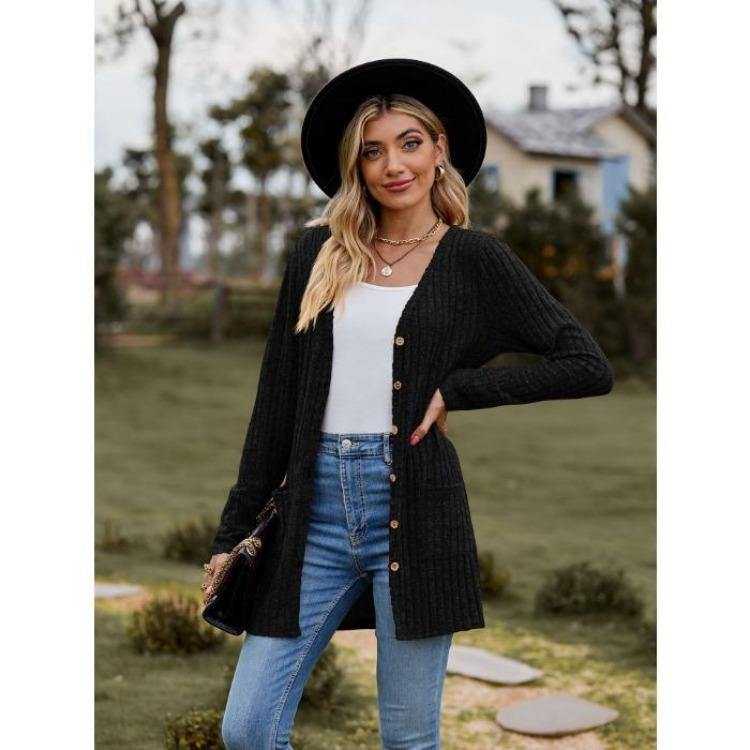 Women's Cardigan Sweater Long Sleeve Solid Color Striped Knit Autumn Winter Fashion
